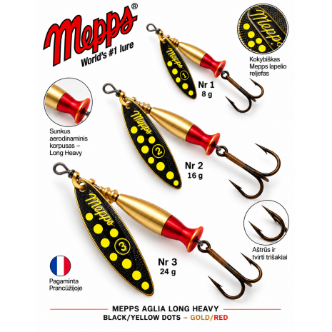 Sukriukė Mepps Aglia Long Heavy Black/Yello dots-Gold/Red