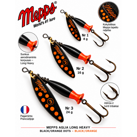 Sukriukė Mepps Aglia Long Heavy Black/Orange dots-Black/Orange